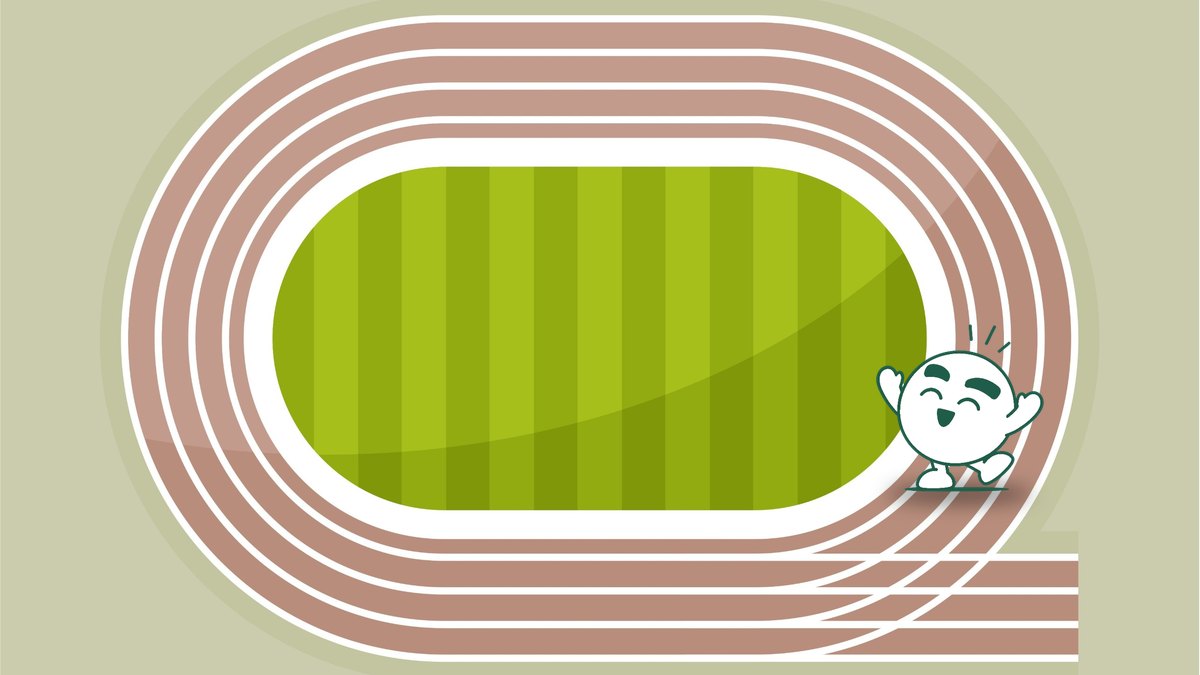 An illustration of a running track with lanes around a green infield.